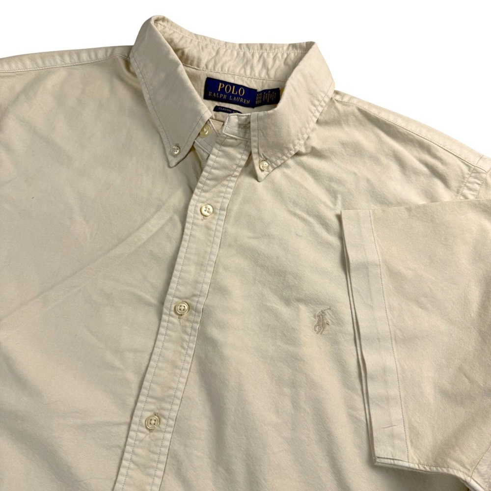 Polo Ralph Lauren Button Down Mens XXL Cream/Tan Short Sleeve Oxford Classic Fit